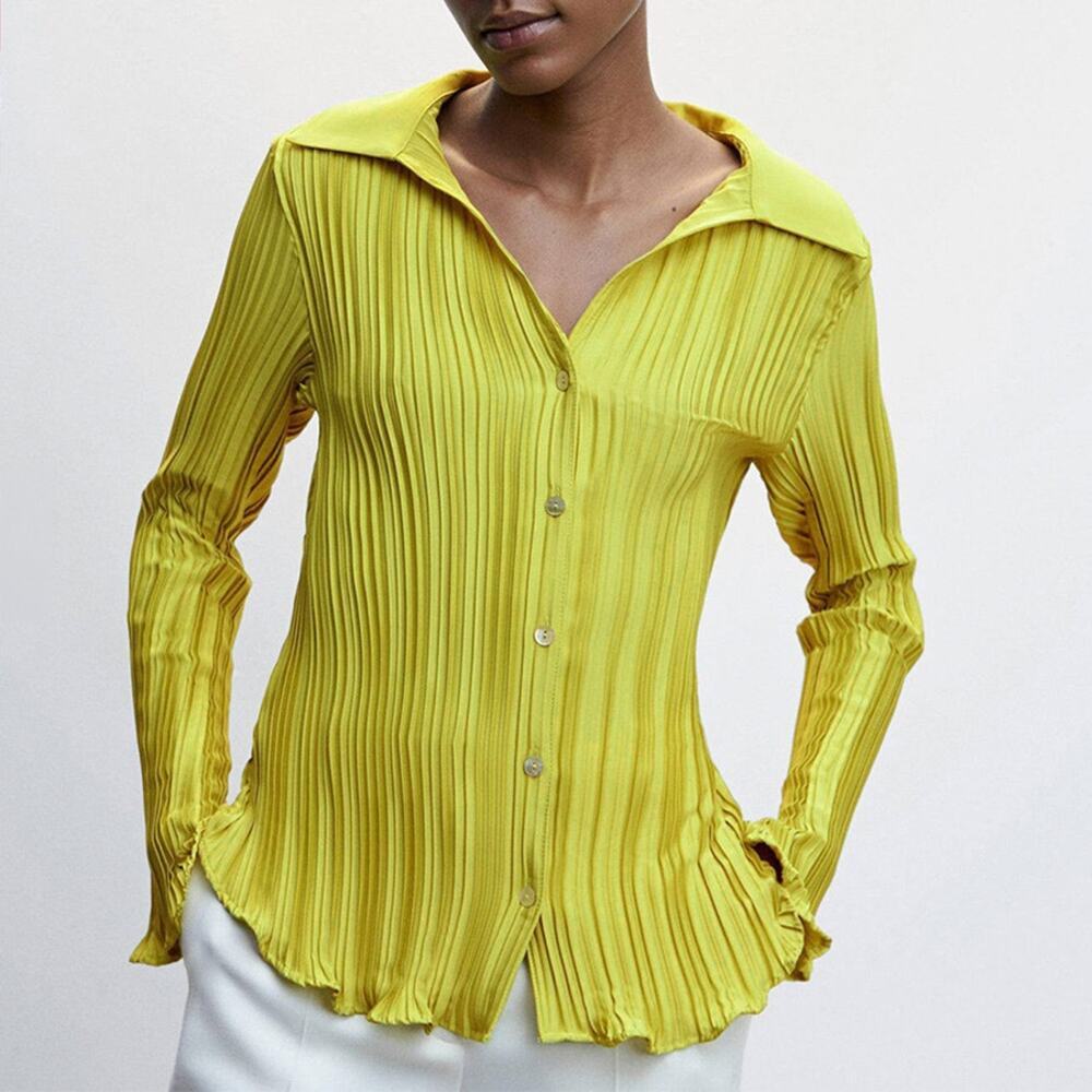 Mango Chartreuse Accordion Pleated Button Up Shirt Size 4